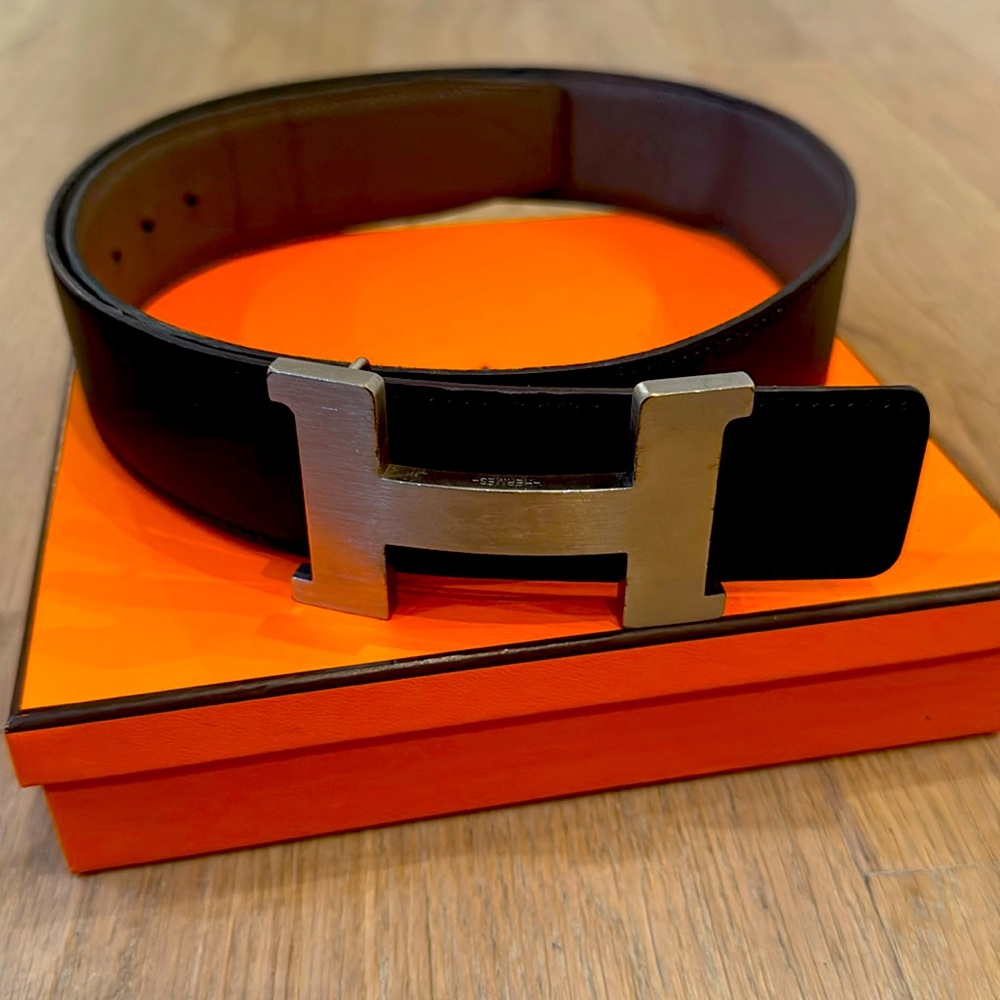 Hermes Black/Taupe (reversible) Leather Belt with Silver Buckle size 80